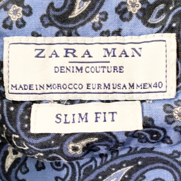 Zara Man Denim Couture Button Front Slim Fit Paisley Denim Shirt Pointed Collar - Picture 7 of 8